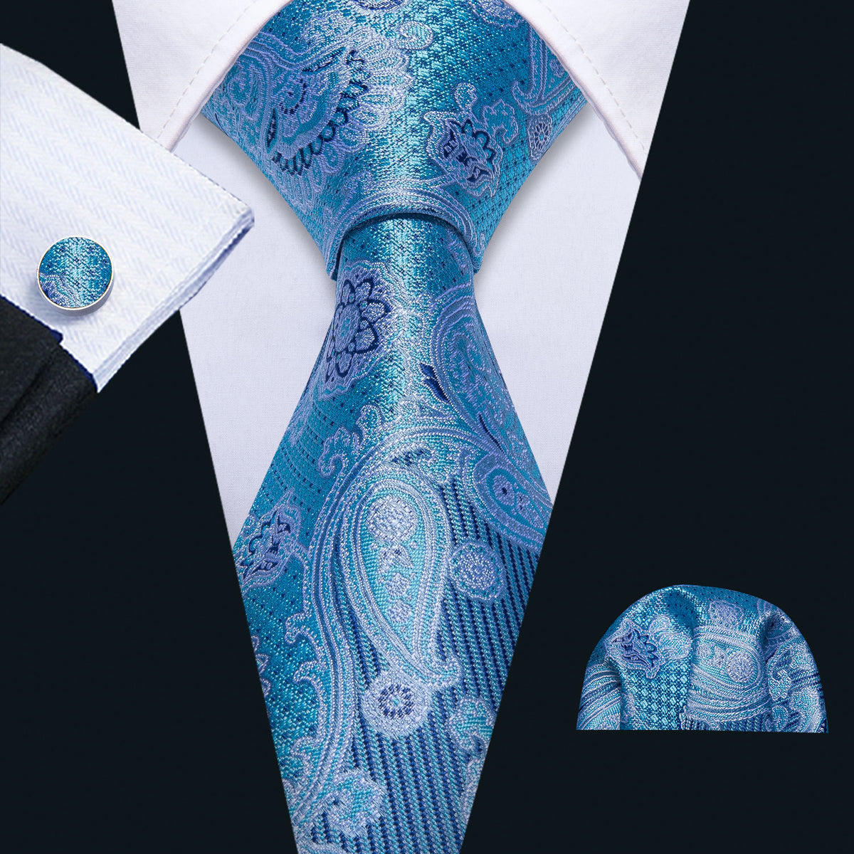 Light Blue Jacquard Paisley Tie, Pocket Square and Cufflinks Set tie sets    - Sophisticated Gentlemen