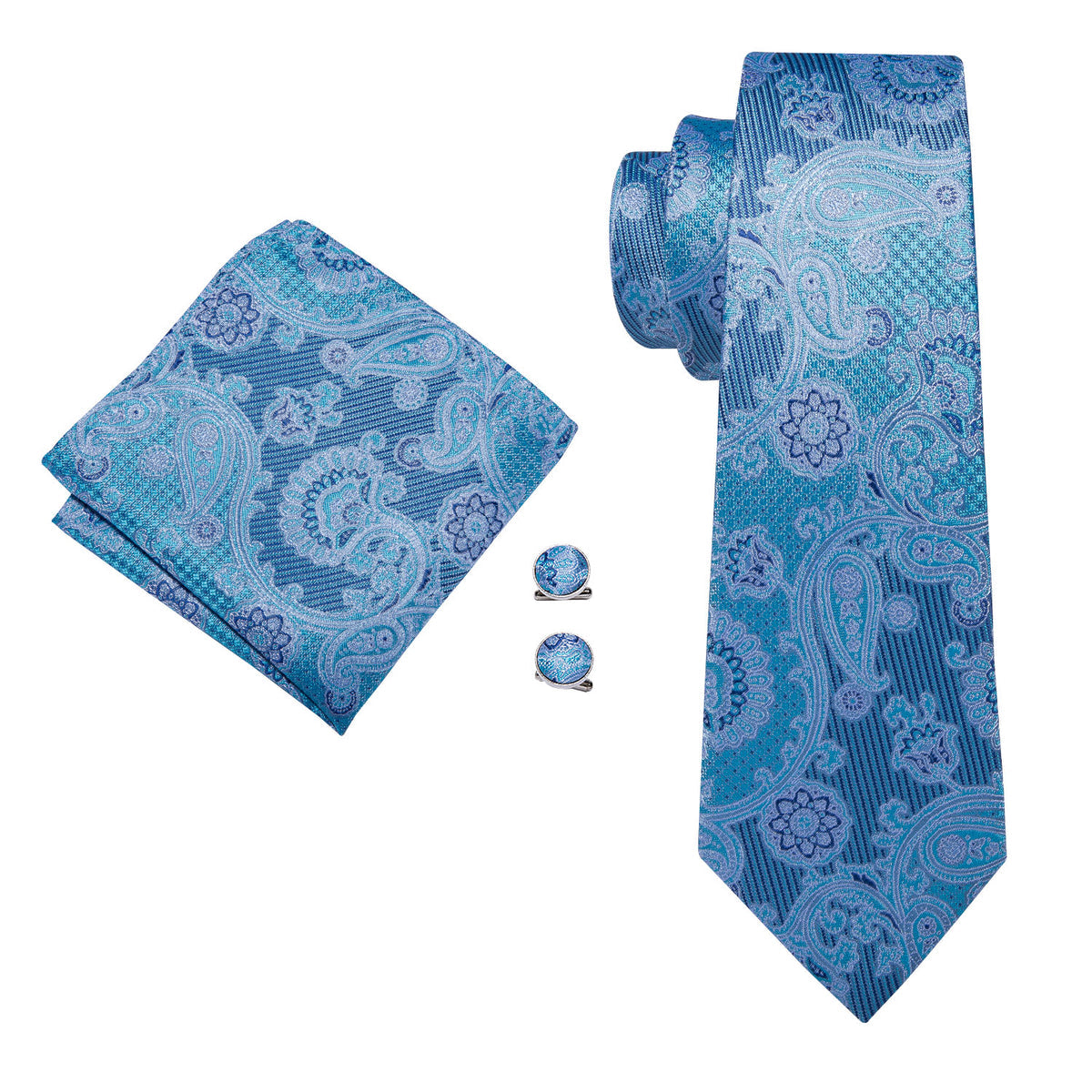 Light Blue Jacquard Paisley Tie, Pocket Square and Cufflinks Set tie sets    - Sophisticated Gentlemen