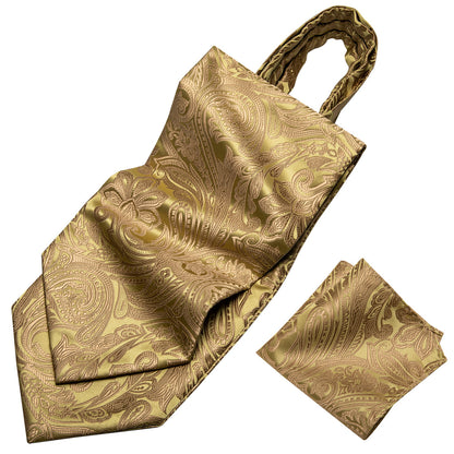 Gold Brown Paisley Floral Ascot, Pocket Square and Cufflinks ascot    - Sophisticated Gentlemen