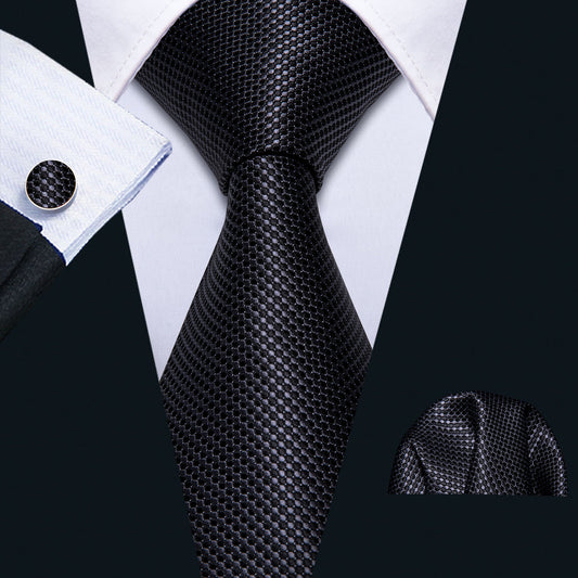 Black Micro-Textured Silk Tie, Pocket Square & Cufflinks Set