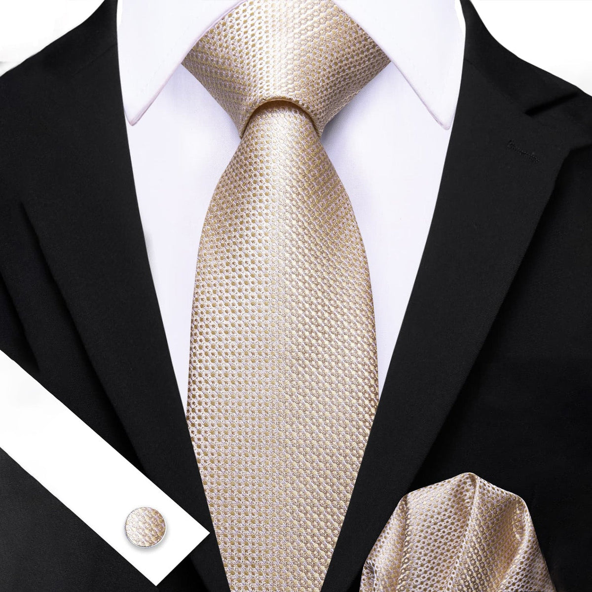 Champagne Beige Geometric Tie, Pocket Square and Cufflinks Set tie sets    - Sophisticated Gentlemen