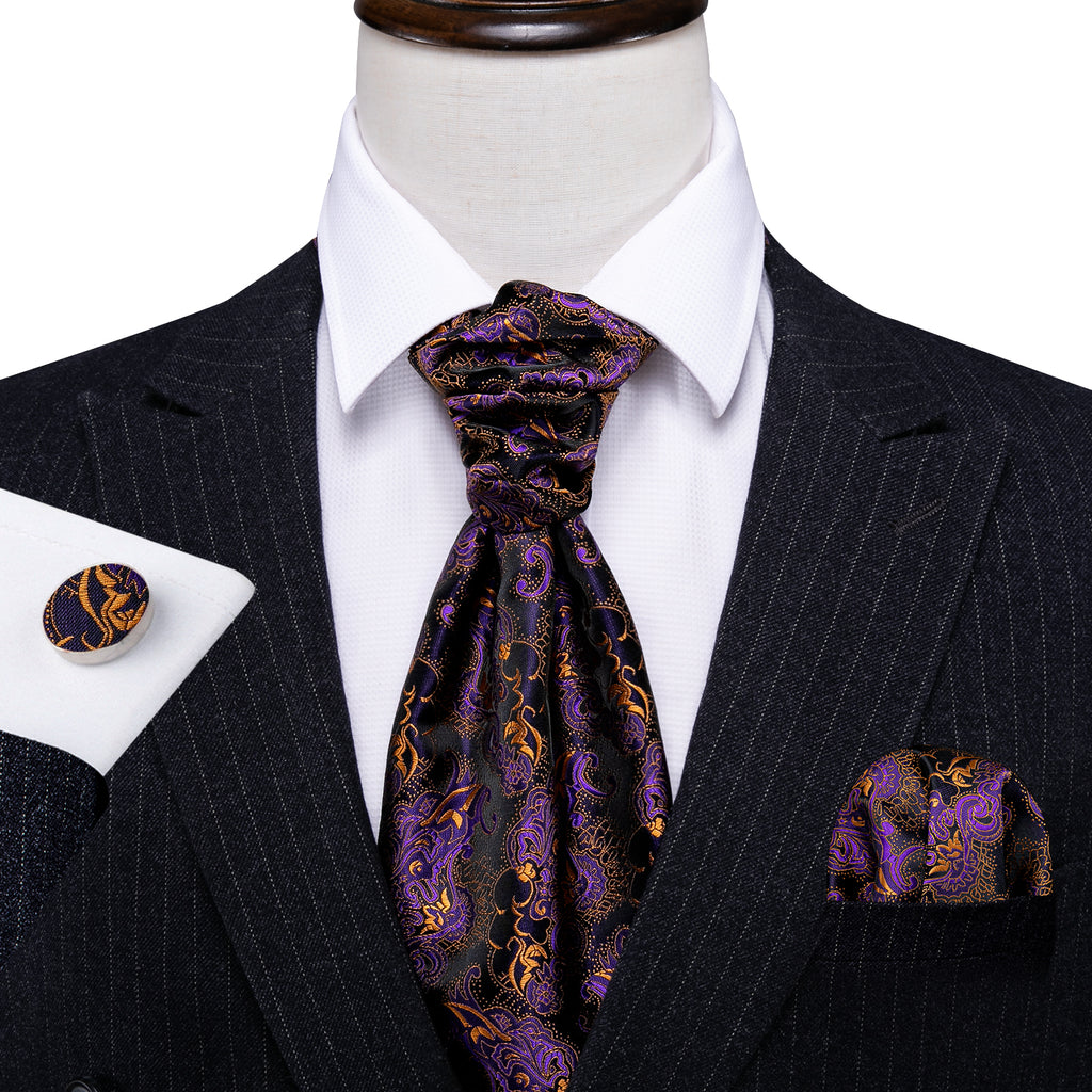 Black Golden Paisley Ascot, Pocket Square and Cufflinks ascot - Sophisticated Gentlemen