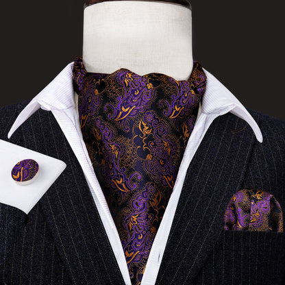 Black Golden Paisley Ascot, Pocket Square and Cufflinks ascot - Sophisticated Gentlemen