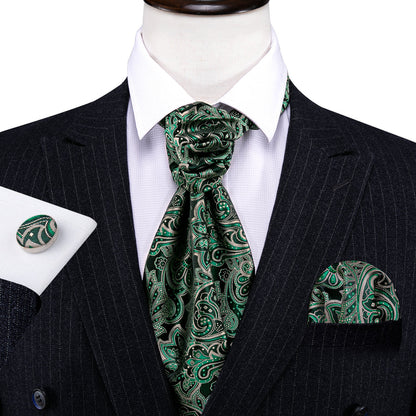 Green Novelty Paisley Ascot, Pocket Square and Cufflinks ascot    - Sophisticated Gentlemen