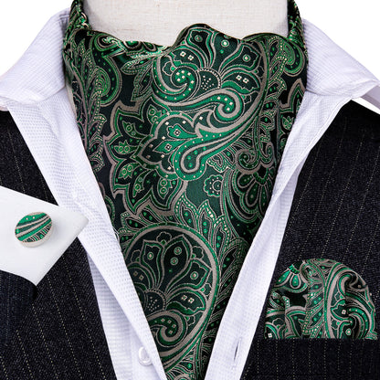 Green Novelty Paisley Ascot, Pocket Square and Cufflinks ascot    - Sophisticated Gentlemen