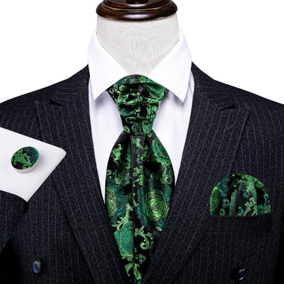 Green Black Floral Ascot, Pocket Square and Cufflinks ascot    - Sophisticated Gentlemen