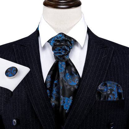 Black Blue Floral Ascot, Pocket Square and Cufflinks ascot    - Sophisticated Gentlemen