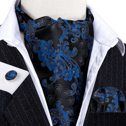 Black Blue Floral Ascot, Pocket Square and Cufflinks ascot    - Sophisticated Gentlemen
