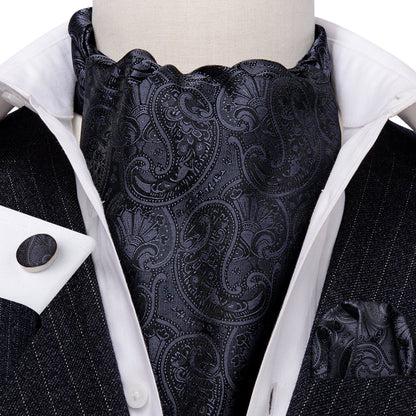 Black Floral Ascot, Pocket Square and Cufflinks ascot    - Sophisticated Gentlemen