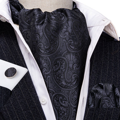 Black Floral Ascot, Pocket Square and Cufflinks ascot    - Sophisticated Gentlemen