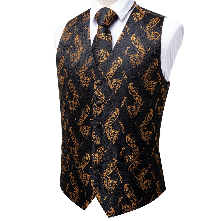 Black and Gold Floral Silk Vest Set vest set    - Sophisticated Gentlemen