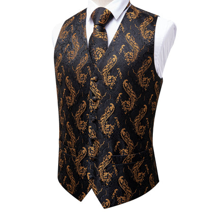 Black and Gold Floral Silk Vest Set vest set    - Sophisticated Gentlemen