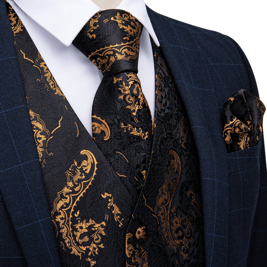 Black and Gold Floral Silk Vest Set vest set S (Chest 40")   - Sophisticated Gentlemen