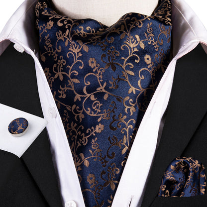 Black Golden Floral Ascot, Pocket Square and Cufflinks ascot    - Sophisticated Gentlemen