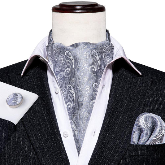 Gray Paisley Ascot, Pocket Square and Cufflinks ascot    - Sophisticated Gentlemen