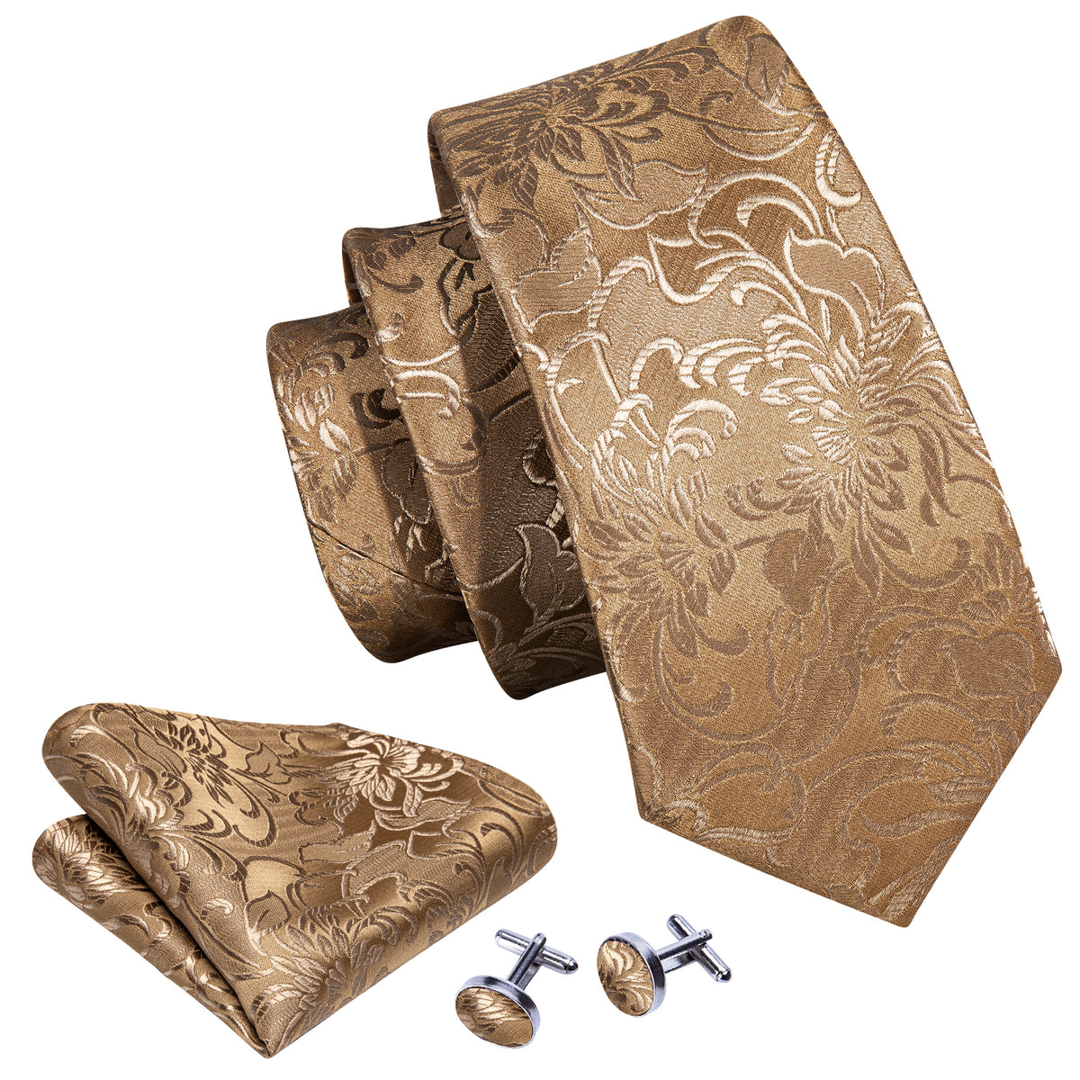 Champagne Gold Floral Silk Tie, Pocket Square & Cufflinks Set tie sets - Sophisticated Gentlemen