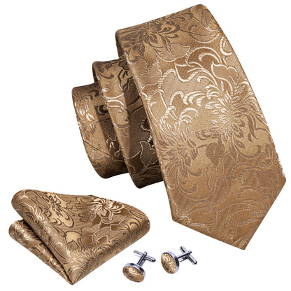 Champagne Gold Floral Silk Tie, Pocket Square & Cufflinks Set tie sets - Sophisticated Gentlemen
