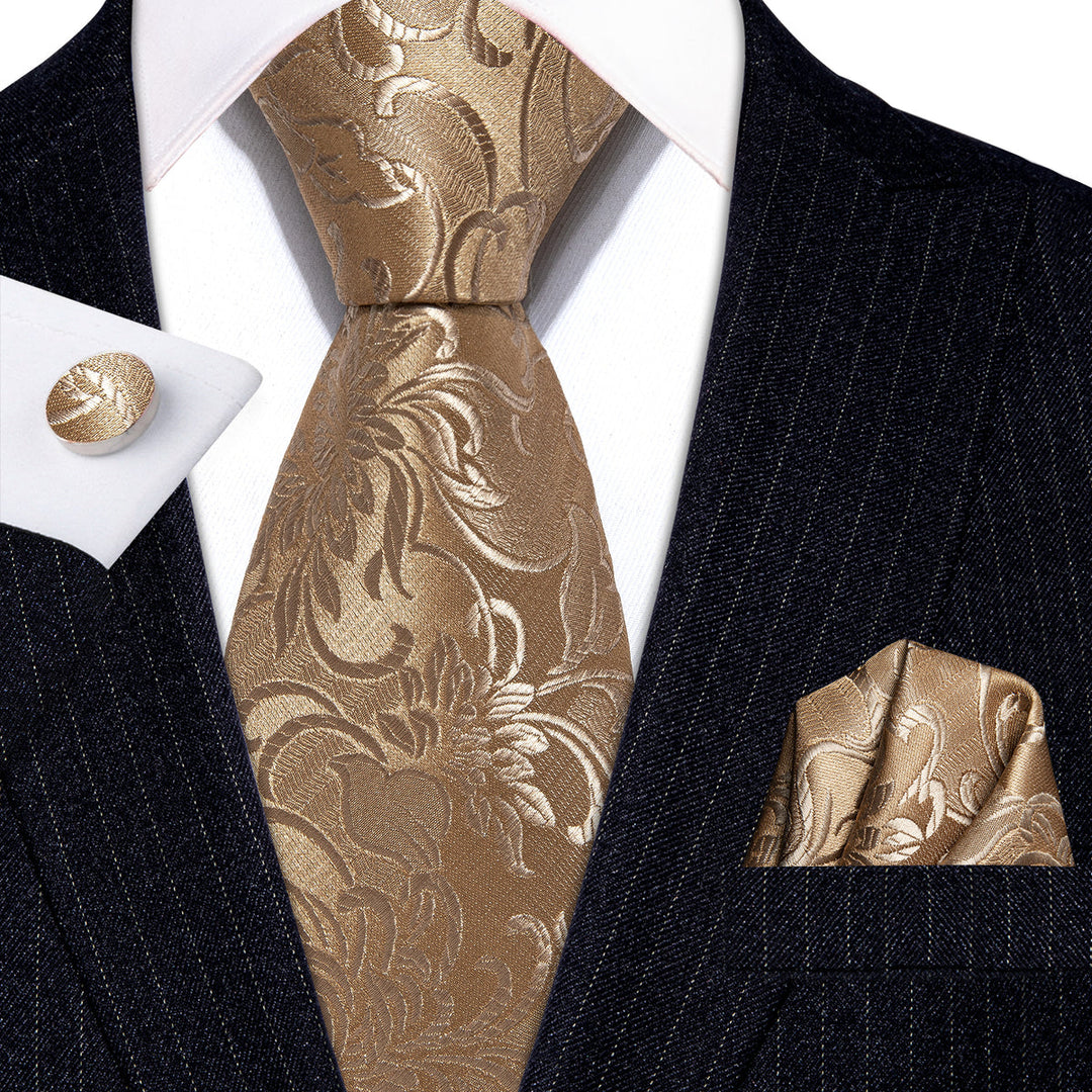 Champagne Gold Floral Silk Tie, Pocket Square & Cufflinks Set tie sets - Sophisticated Gentlemen
