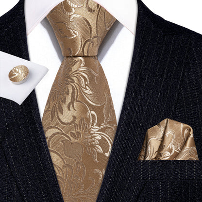 Champagne Gold Floral Silk Tie, Pocket Square & Cufflinks Set tie sets - Sophisticated Gentlemen
