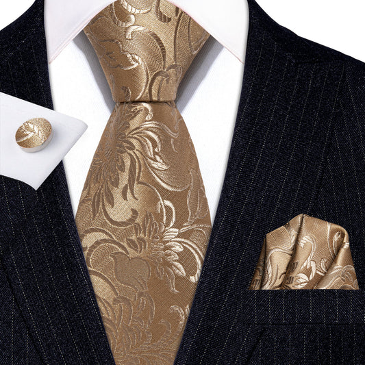 Champagne Gold Floral Silk Tie, Pocket Square & Cufflinks Set tie sets - Sophisticated Gentlemen