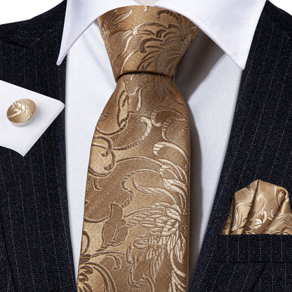 Champagne Gold Floral Silk Tie, Pocket Square & Cufflinks Set tie sets - Sophisticated Gentlemen