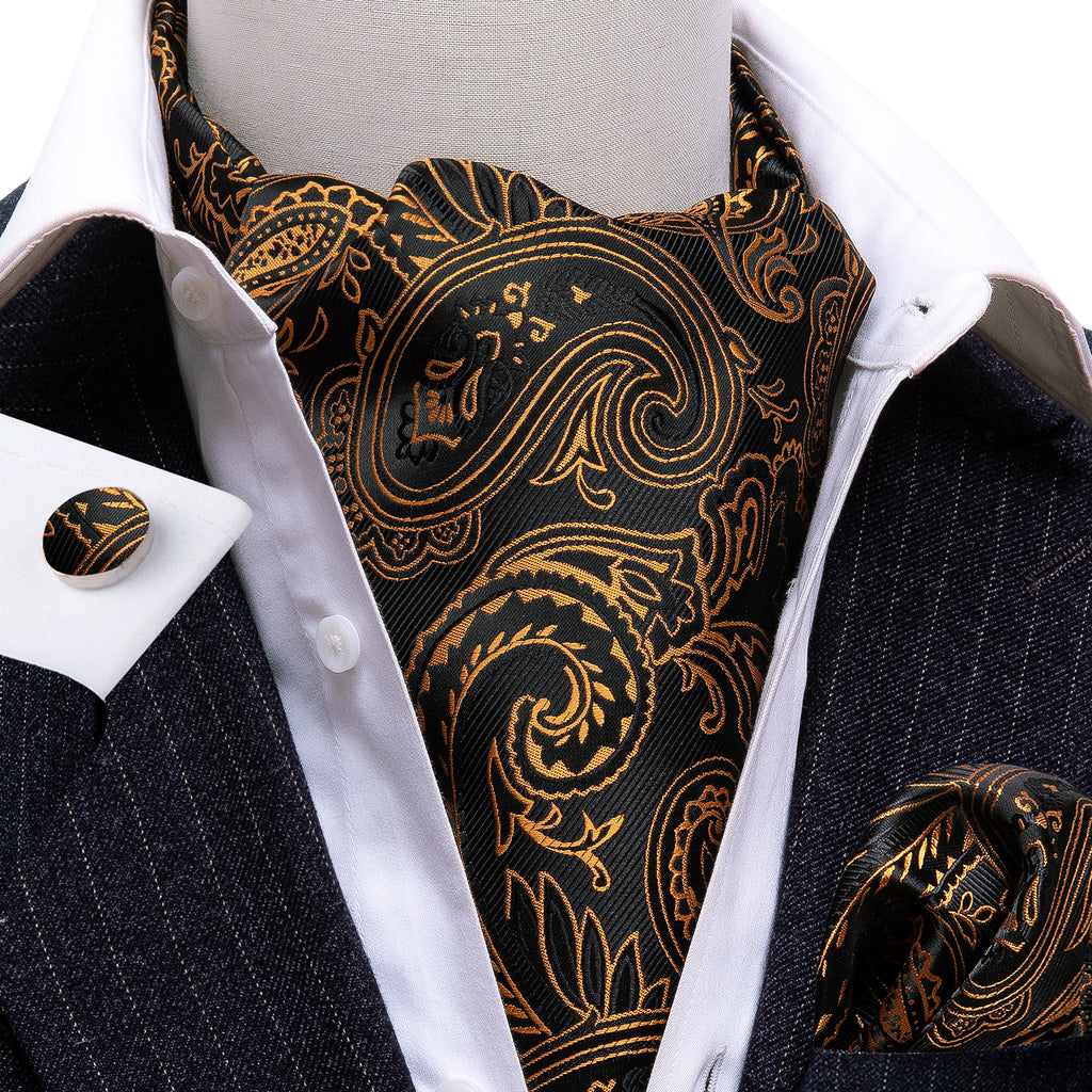 Black Golden Paisley Ascot, Pocket Square and Cufflinks ascot    - Sophisticated Gentlemen