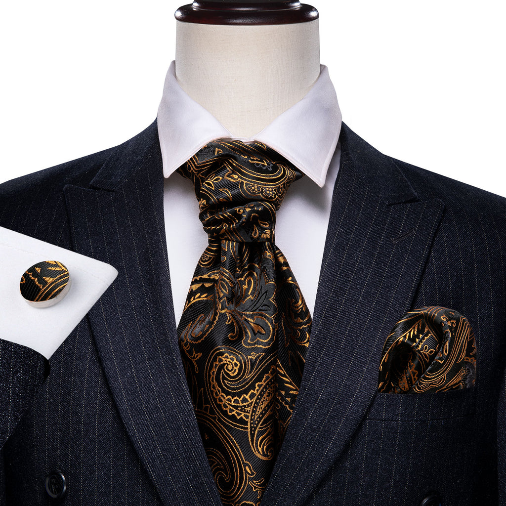 Black Golden Paisley Ascot, Pocket Square and Cufflinks ascot    - Sophisticated Gentlemen