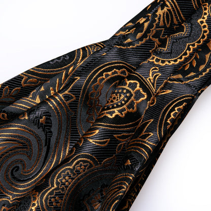 Black Golden Paisley Ascot, Pocket Square and Cufflinks ascot    - Sophisticated Gentlemen