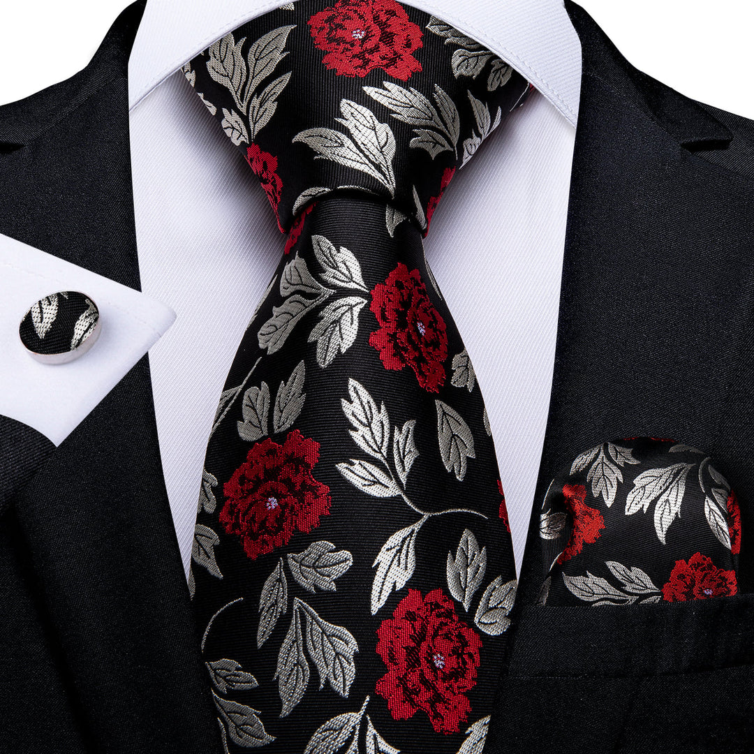 Silver, Red and Black Floral Silk Tie, Pocket Square and Cufflinks tie sets    - Sophisticated Gentlemen