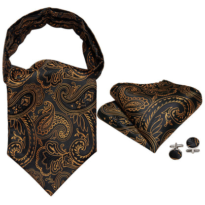 Black Golden Paisley Ascot, Pocket Square and Cufflinks ascot    - Sophisticated Gentlemen