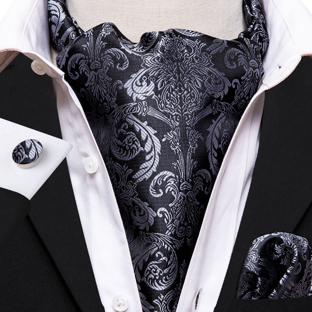 Gray Black Paisley Ascot, Pocket Square and Cufflinks ascot    - Sophisticated Gentlemen