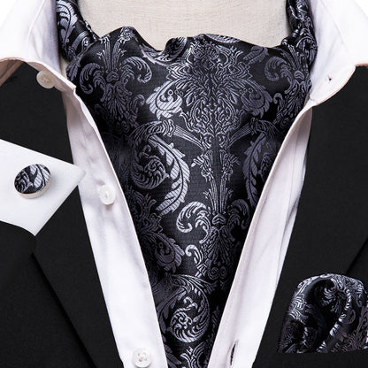 Gray Black Paisley Ascot, Pocket Square and Cufflinks ascot    - Sophisticated Gentlemen
