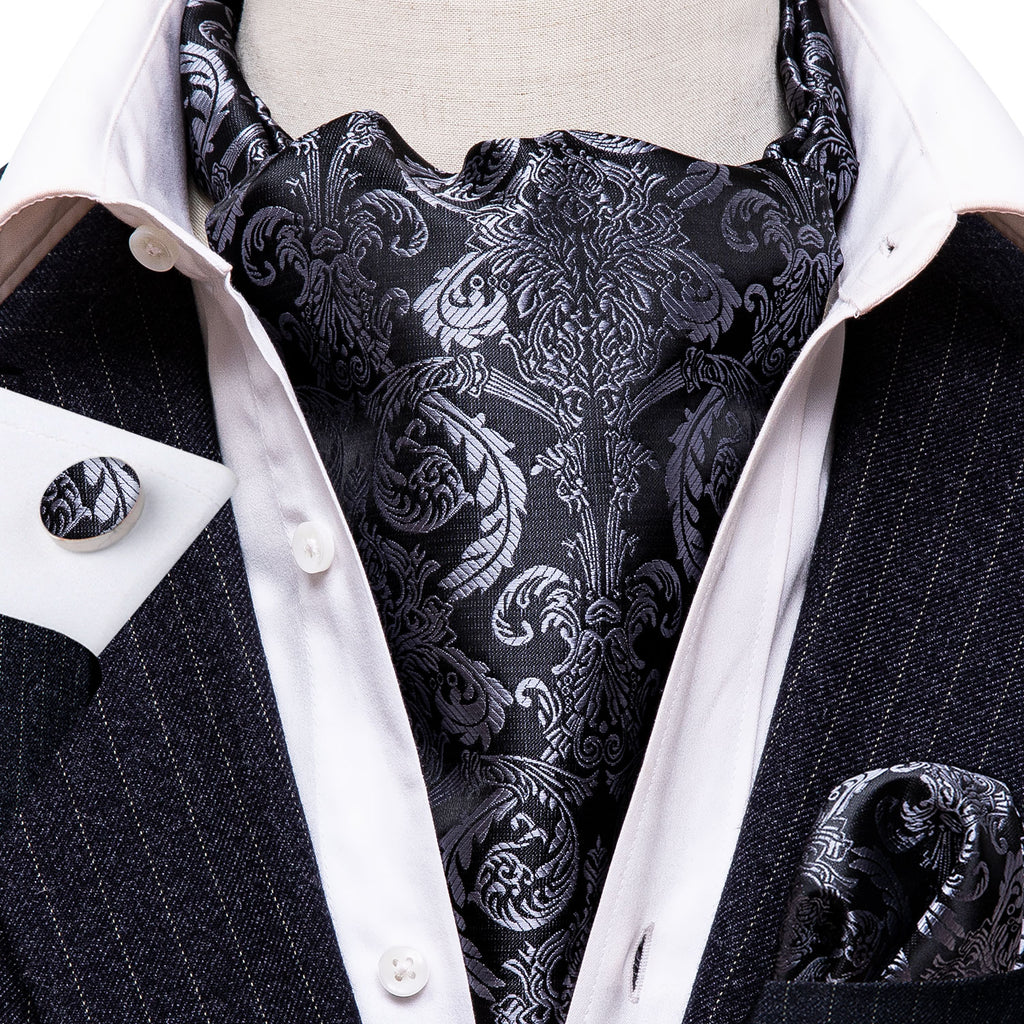 Gray Black Paisley Ascot, Pocket Square and Cufflinks ascot    - Sophisticated Gentlemen