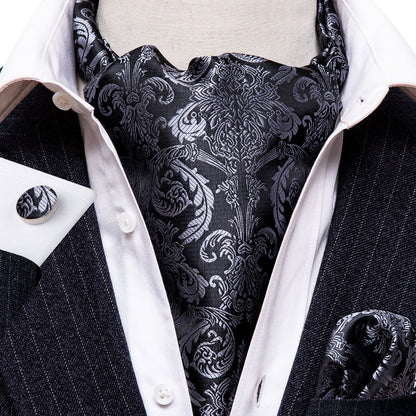 Gray Black Paisley Ascot, Pocket Square and Cufflinks ascot    - Sophisticated Gentlemen