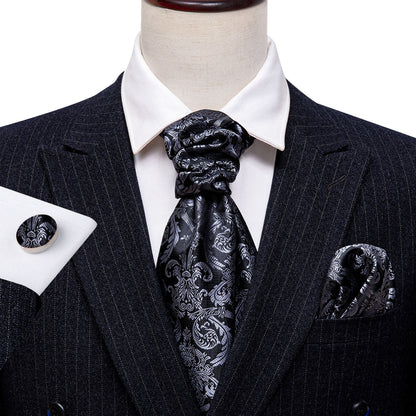 Gray Black Paisley Ascot, Pocket Square and Cufflinks ascot    - Sophisticated Gentlemen