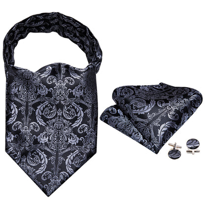Gray Black Paisley Ascot, Pocket Square and Cufflinks ascot    - Sophisticated Gentlemen