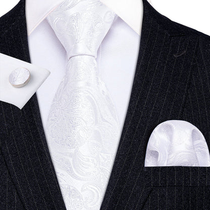 Ivory White Paisley Silk Tie, Pocket Square & Cufflinks Set tie sets - Sophisticated Gentlemen
