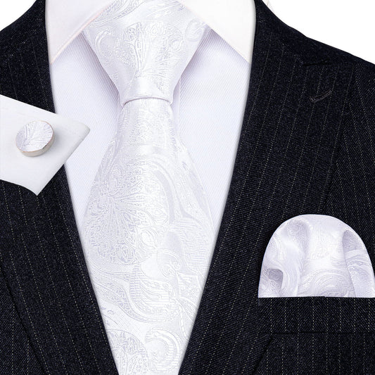 Ivory White Paisley Silk Tie, Pocket Square & Cufflinks Set tie sets - Sophisticated Gentlemen