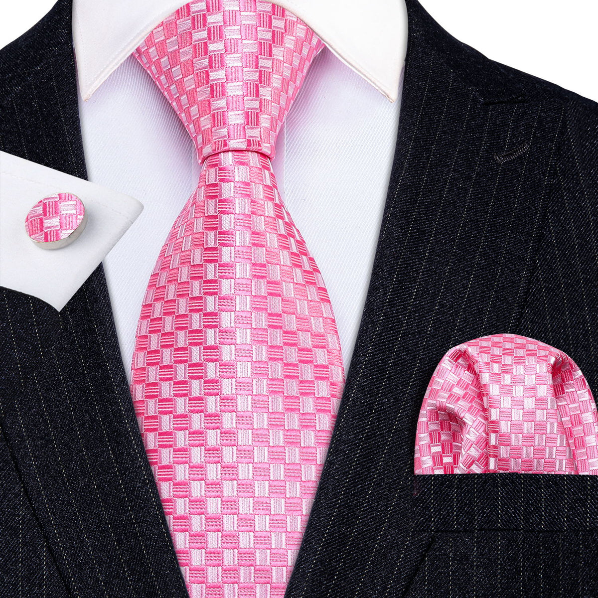 Pink Plaid Silk Tie, Pocket Square and Cufflinks Set tie sets    - Sophisticated Gentlemen