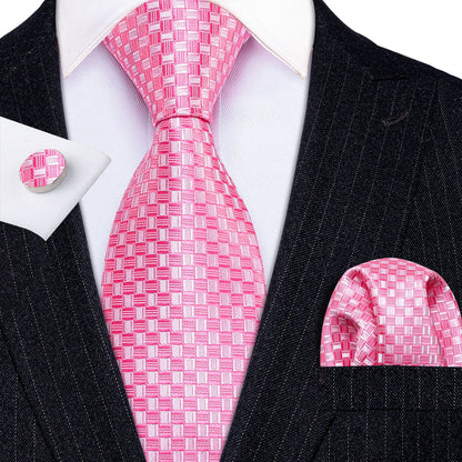 Pink Plaid Silk Tie, Pocket Square and Cufflinks Set tie sets    - Sophisticated Gentlemen