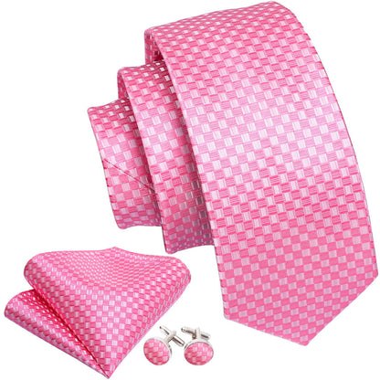Pink Plaid Silk Tie, Pocket Square and Cufflinks Set tie sets    - Sophisticated Gentlemen