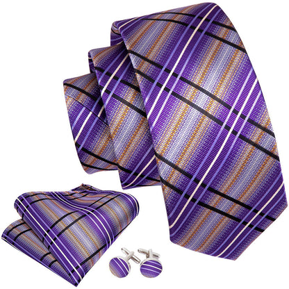 Purple Beige Striped Silk Tie, Pocket Square and Cufflinks Set tie sets    - Sophisticated Gentlemen
