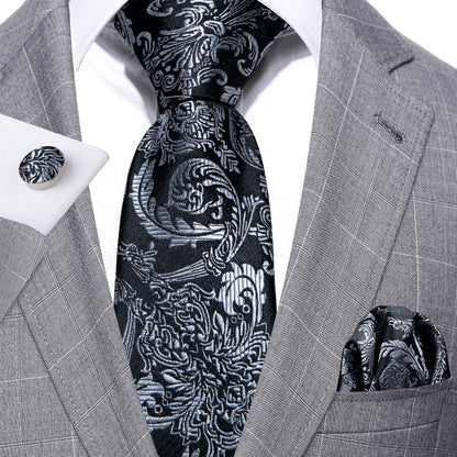 Black Gray Floral Tie, Pocket Square and Cufflinks Set tie sets    - Sophisticated Gentlemen