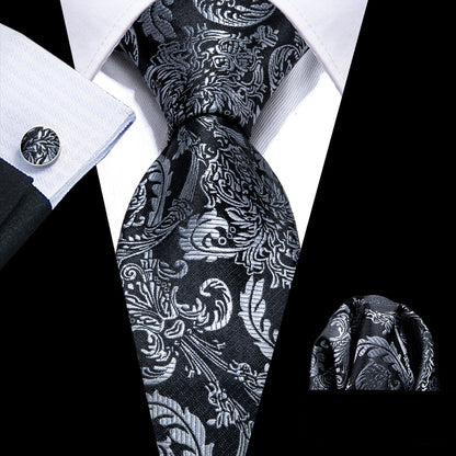 Black Gray Floral Tie, Pocket Square and Cufflinks Set tie sets    - Sophisticated Gentlemen