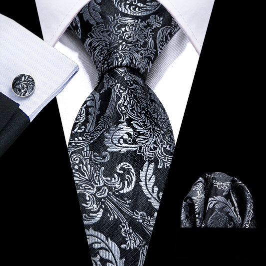 Black Gray Floral Tie, Pocket Square and Cufflinks Set tie sets    - Sophisticated Gentlemen