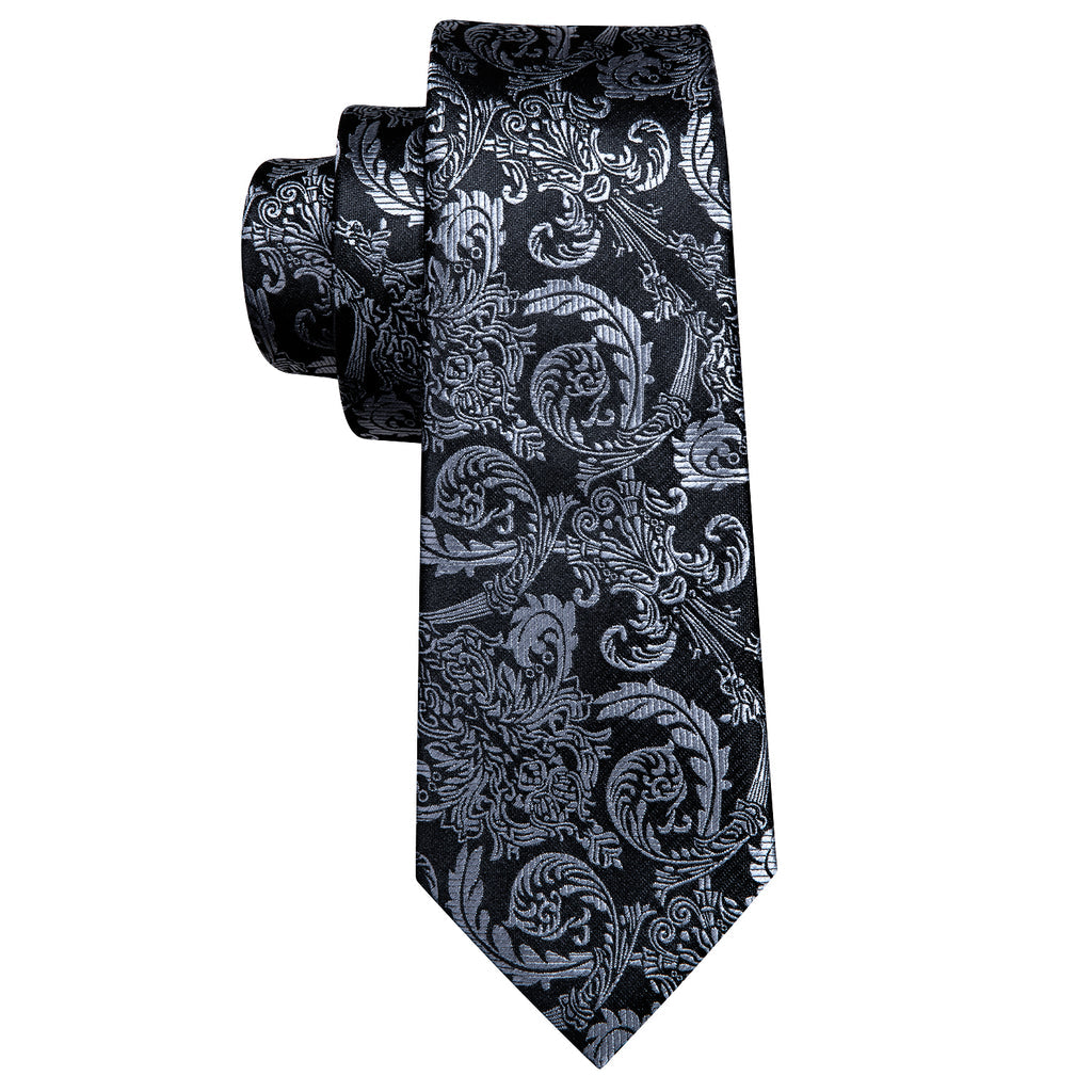Black Gray Floral Tie, Pocket Square and Cufflinks Set tie sets    - Sophisticated Gentlemen