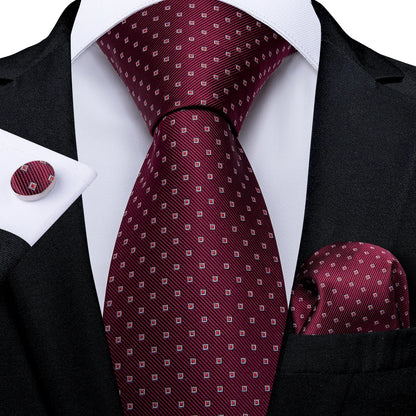 Burgundy geometric silk tie with matching pocket square and cufflink