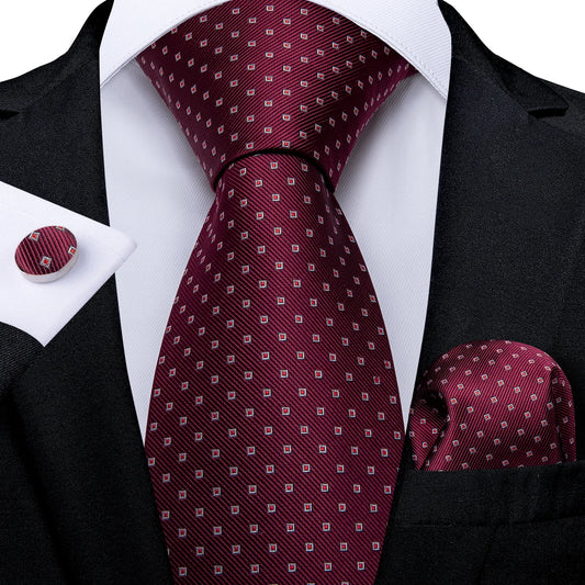 Burgundy geometric silk tie with matching pocket square and cufflink