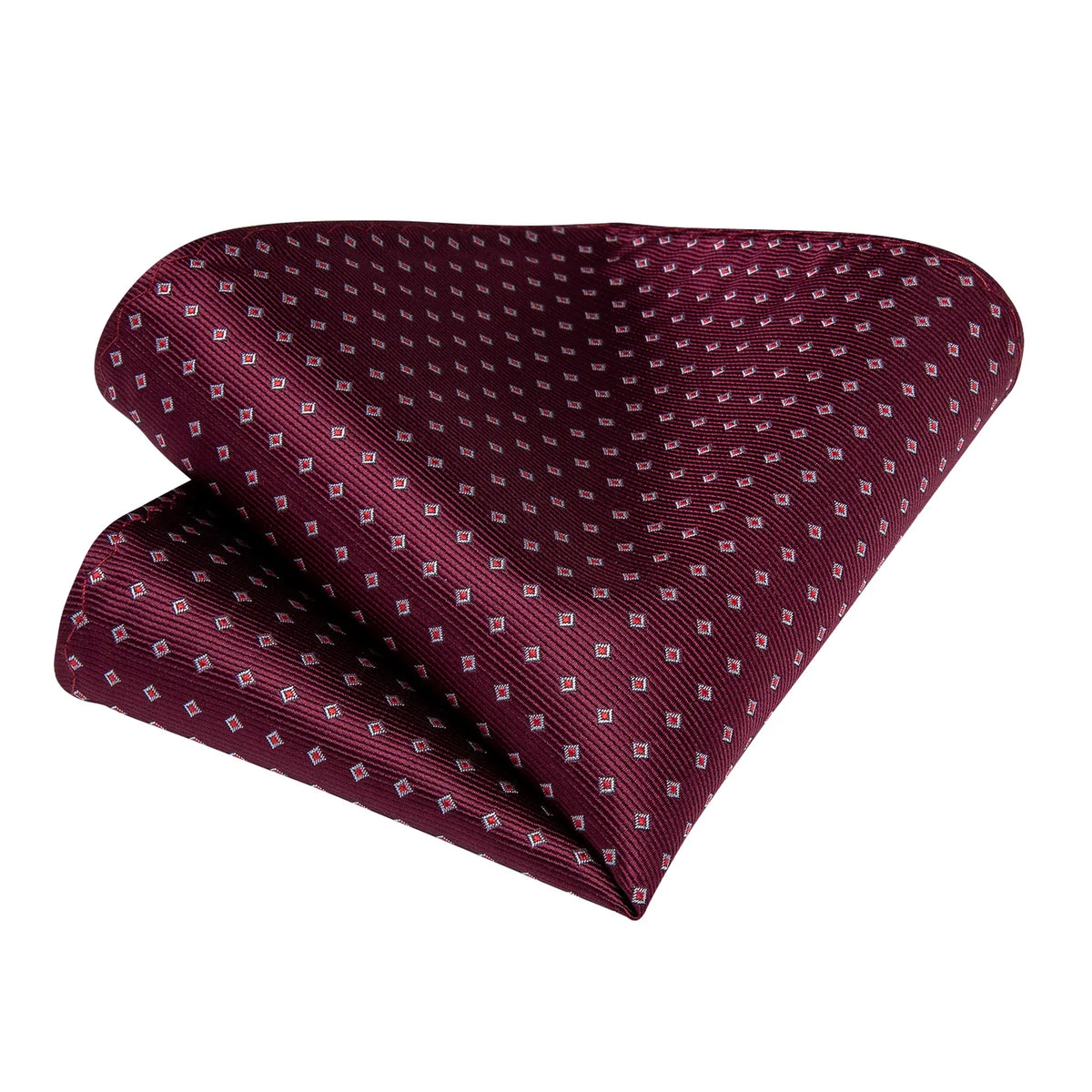 Burgundy geometric silk pocket square with matching diamond pattern