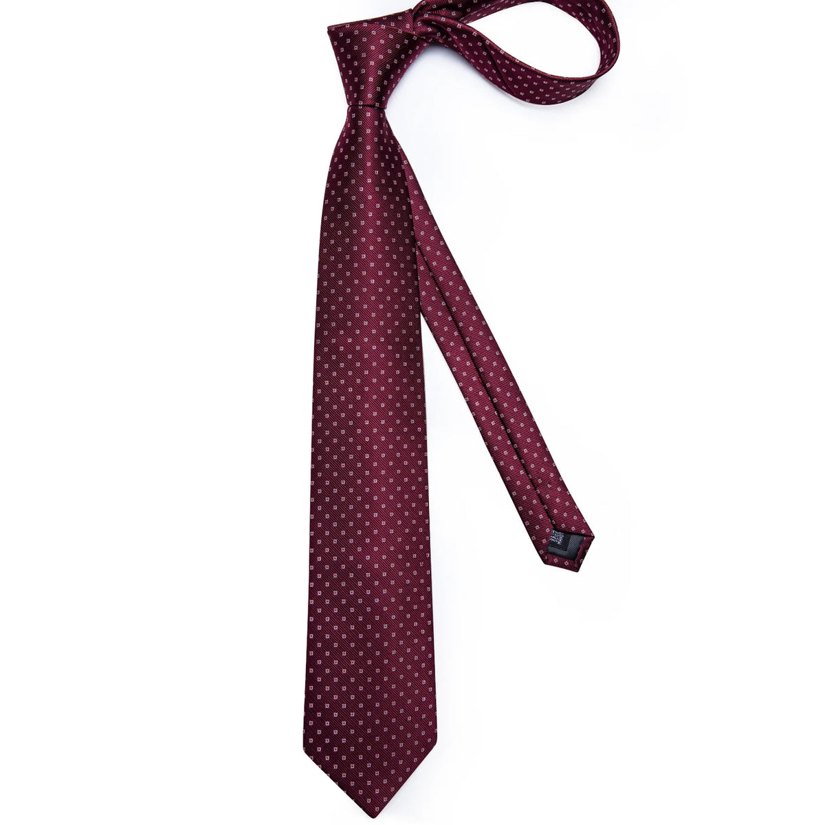 Full-length burgundy silk tie with small geometric diamond pattern